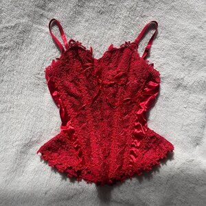 Red satin lace embroidered corset lace-up lingerie fitted waist top | Size M